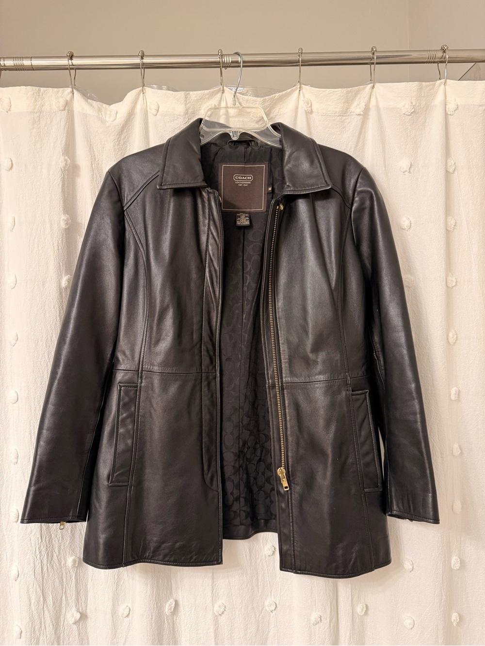 Coach Black Leather Zip Jacket with Stand Collar